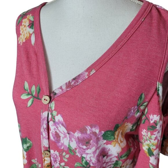 First Love Pink Floral Cold Shoulder Lovely  Button Tie Front Womens Large - Picture 5 of 10